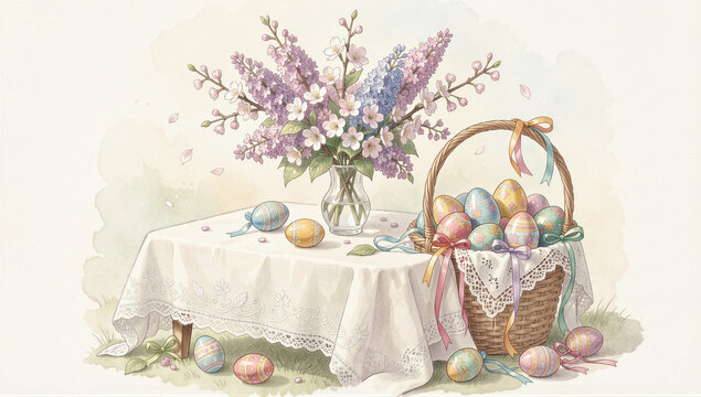 Watercolor Easter Painting with Pencil Sketch Details