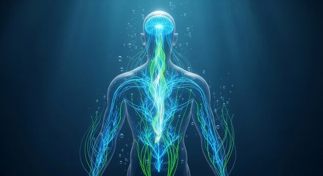Human nervous system visualization with glowing neural networks and brain synapses floating in ethereal underwater environment