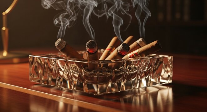 Glass ashtray filled with smoking cigars, rising smoke swirls, warm ambient lighting, tobacco culture concept.
