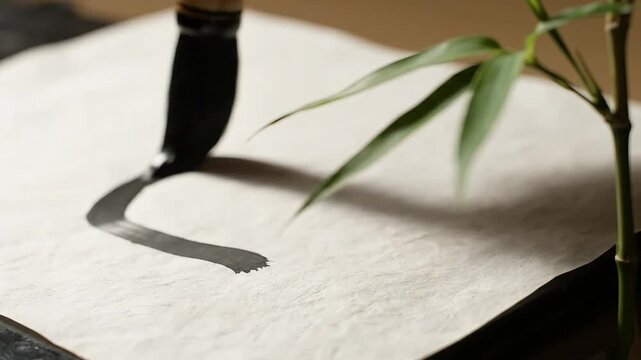 Artist's hand gracefully paints a stroke with a brush on textured paper, inspired by nature