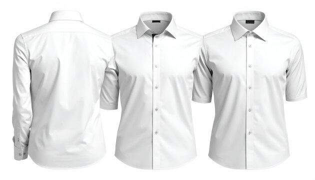 Three views of a crisp, white dress shirt, long and 3/4 sleeves, back and front