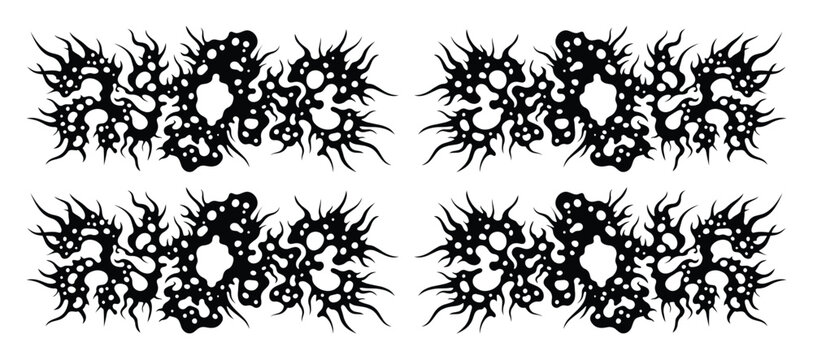 Death metal aesthetic vector elements, dark y2k streetwear graphics, set of 4 organic gothic shapes for apparel design and posters