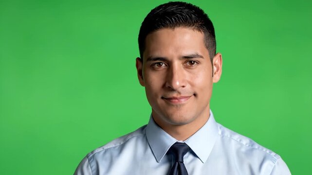 Confident young man in formal attire smiling against green background