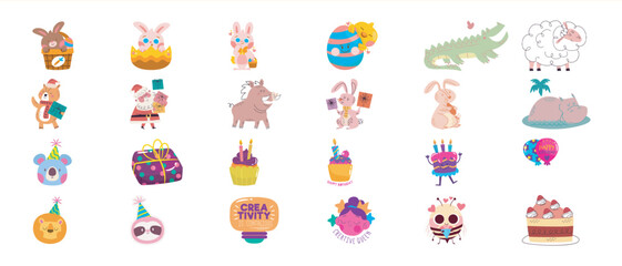 Fototapeta premium Collection of Cute Cartoon Characters and Holiday Themed