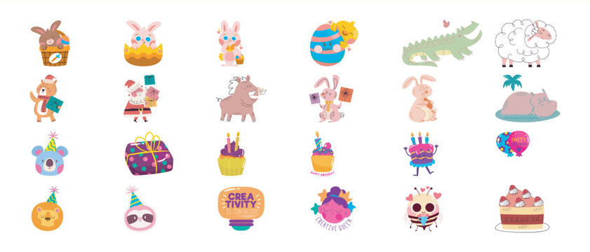 Collection of Cute Cartoon Characters and Holiday Themed