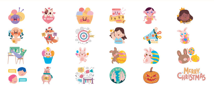 Collection of Cute Cartoon Stickers for Various Themes