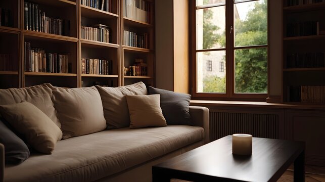 A cozy and tranquil living room interior featuring a comfortable sofa abundant bookshelves and a large window with a view of trees and buildings