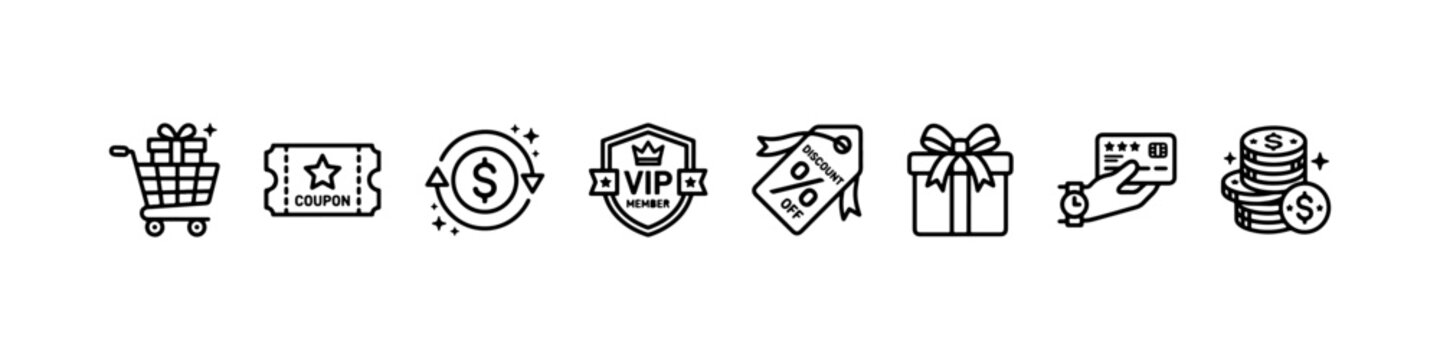 A set of minimalist line icons for retail marketing, customer loyalty programs, and financial shopping incentives.