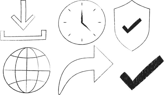 hand drawn icon set download arrow clock shield globe check sketch