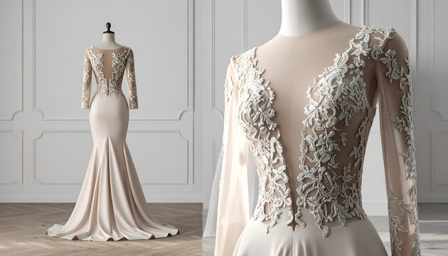 Elegant ivory gown with intricate lace bodice on a mannequin, showcasing design
