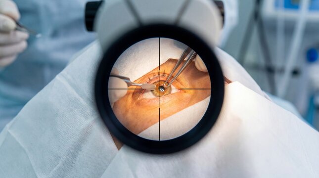Close Up View Through Microscope of Ophthalmic Surgery Focusing on Human Eye Procedure with Surgical Instruments and Medical Professionals in Background