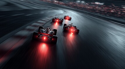 Obraz premium Open-wheel racing cars competing at high speed on a dark circuit under bright lights