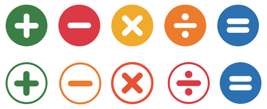 Plus and minus icon set, math symbol collection including add, subtract, multiply icons and calculator buttons, modern flat vector illustration for business finance, accounting, and educational 