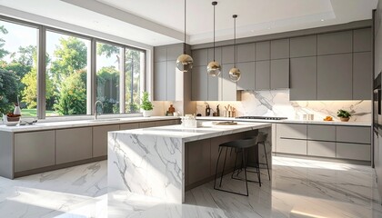Modern luxury kitchen with marble island and soft natural lighting for elegant lifestyle