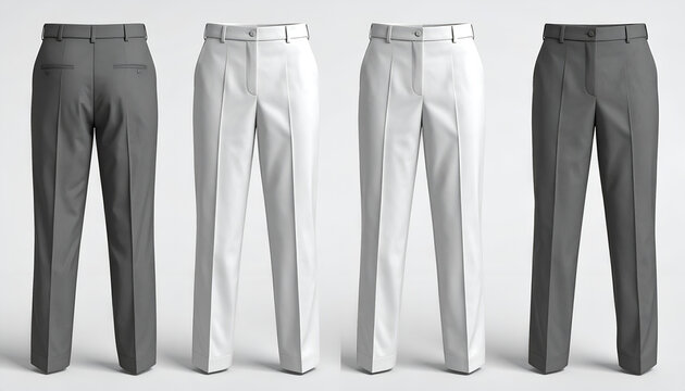 Four pairs of tailored trousers, two grey and two white, displayed against a white background