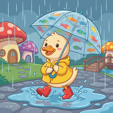 An adorable illustration of a cartoon duck wearing a raincoat, happily walking under a decorated umbrella, capturing the essence of joy and childhood in rainy weather.
