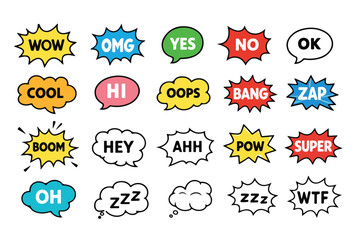 Obraz premium Comic Sound Effect Icons Set, Pop Art Explosion Text Stickers, Cartoon Expression Elements
