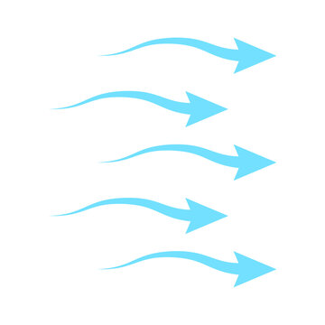 Parallel blue arrow symbols illustrating wind currents and air flow. The curved, wavy lines represent fluid dynamics, aerodynamic motion, and forward directional speed.