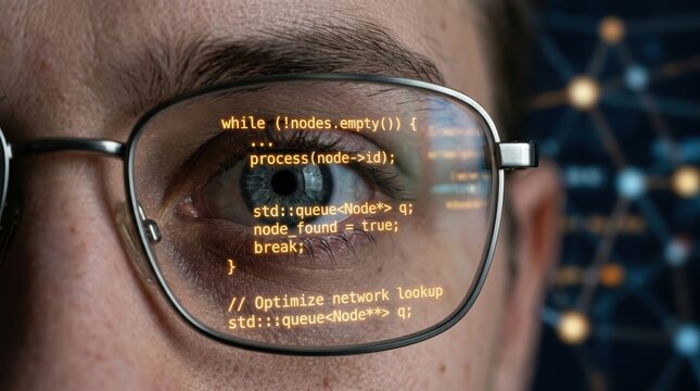 Reflected computer code shines in the eye of a programmer wearing glasses, representing technology and insight.