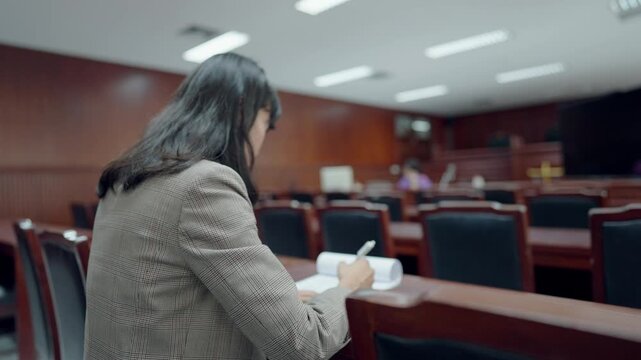 Woman in courtroom reviews documents. She writes notes with focused attention. Rows of empty seats surround her. Wooden desks and benches fill the room. Background shows distant courtroom figures