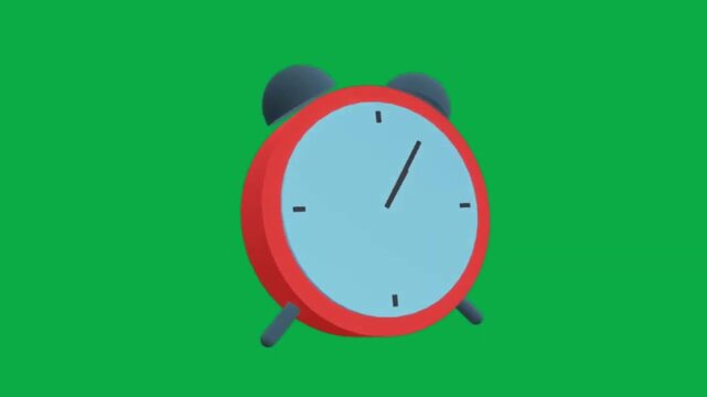 3d animated alarm clock with fast spinning hands on green screen for time concepts
