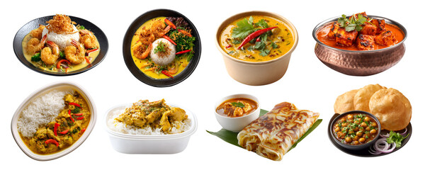 Set of spicy stew curry sauce gravy, meat fish seafood vegetable, takeout carton box, banana leaf, bowl plate with roti canai prata naan Papad, transparent cutout PNG. Mockup for design