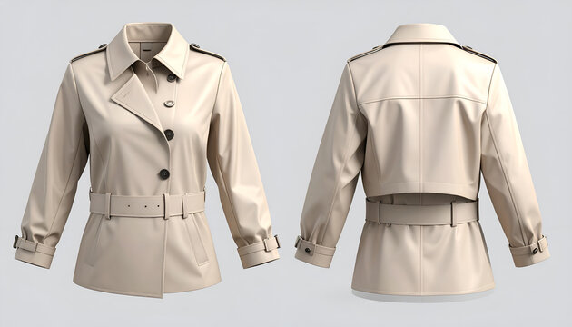 A two-sided view of a beige trench coat with buttons, belt, and shoulder epaulets