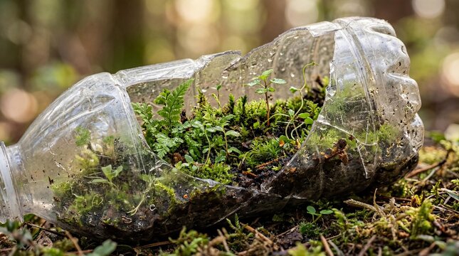 Clear plastic bottle containing tiny forest ecosystem resting on mossy forest floor showing concept of nature reclaiming waste and environmental sustainability