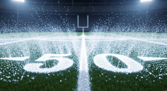 American football field, 50 yard line, snowy stadium, green turf