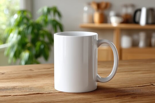 White ceramic coffee mug on wooden table in cozy kitchen interior, side handle visible, soft daylight, blurred shelf with kettle and bowls, green houseplant