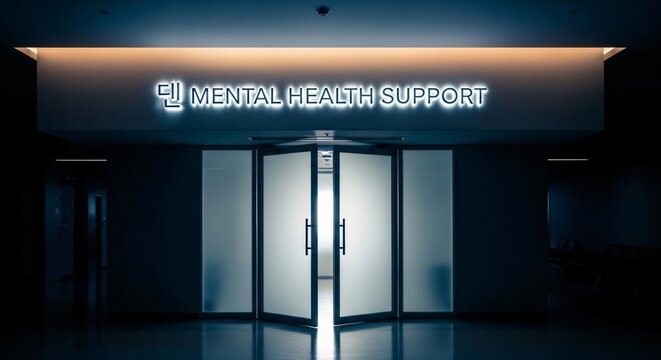 Mental health support clinic entrance with neon sign, open glass doors, inviting modern healthcare facility, therapy office, counseling center.