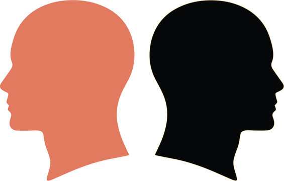 Human head silhouettes, two distinct profiles facing opposite directions, representing contrast, diversity, and opposing viewpoints, a minimalist vector graphic for conceptual design.