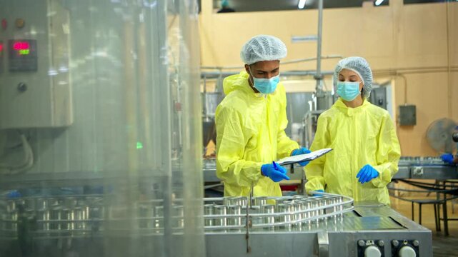 Both of food scientist inspecting canned fish production line and recording quality data in canned fish factory to ensure international safety standards compliance