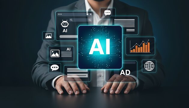 A man in a business suit sits at a table with artificial intelligence icons floating above his hands on a dark background