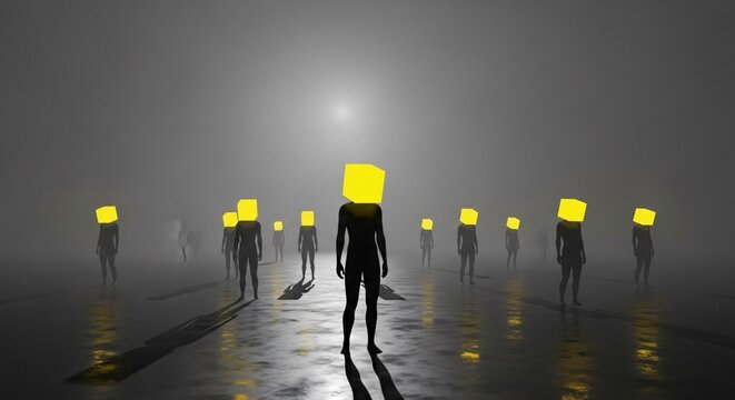 Silhouette figures with yellow cube heads walking towards a bright light through foggy surreal landscape.
