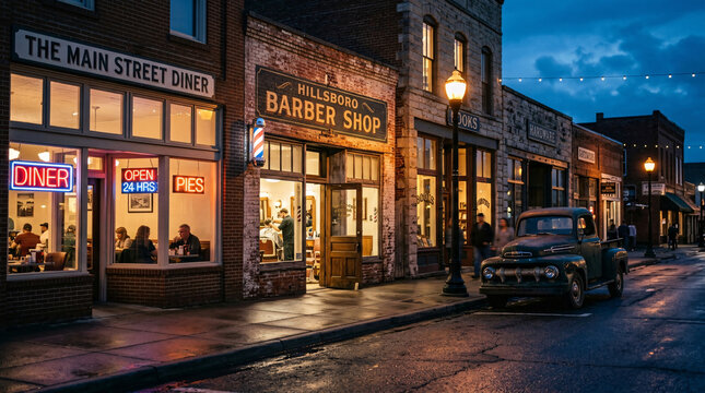 Vintage small town main street at night with diner, barber shop, and old pickup truck