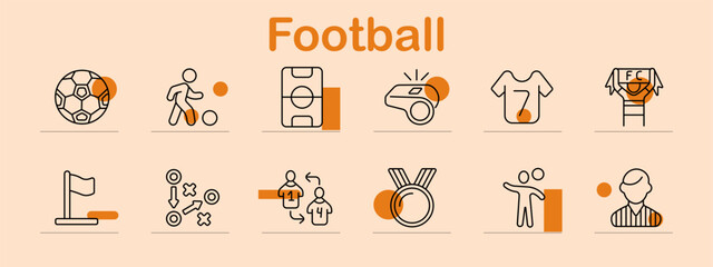 Football set icon. Line symbols depict soccer ball, player dribbling, field layout, referee whistle, jersey, fan scarf, corner flag, tactics plan, player substitution, medal, juggling player, coach © Anastasia
