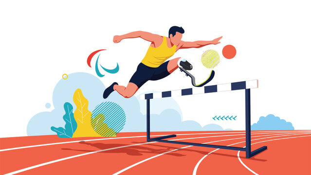 Inspiring illustration of a paralympic male athlete with a prosthetic leg competing in a hurdle race on a professional running track.