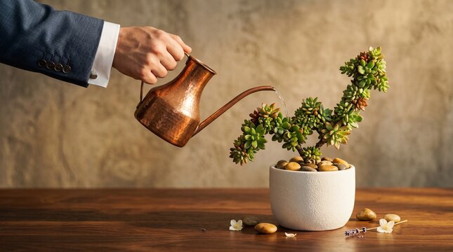 Creative photograph of a hand watering a succulent plant shaped like an upward-trending financial graph or growth chart.