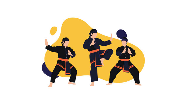 Martial arts practitioners in traditional black uniforms performing pencak silat defensive poses against yellow background.