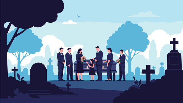 Somber group of people mourning a loved one during a burial ceremony at a peaceful cemetery with gravestones.