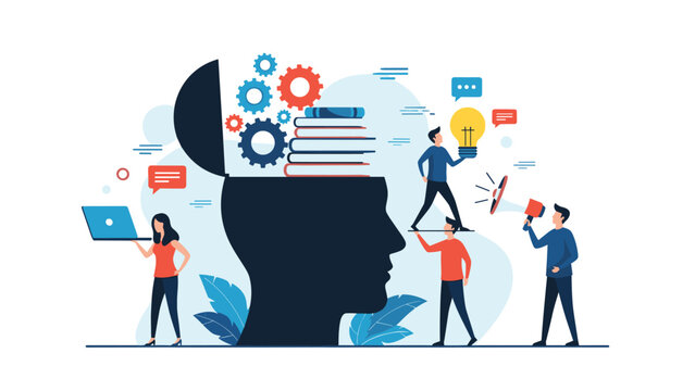 Human creativity and knowledge concept shows an open head filled with gears, books, and ideas being developed by tiny people in a diverse workspace.