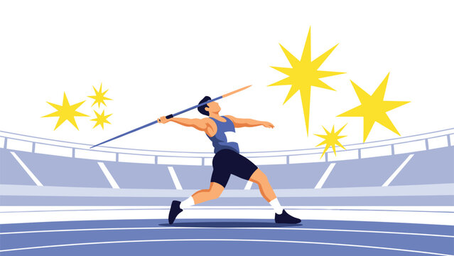 Professional athlete competes in javelin throw inside a large sports stadium under glowing stars, showcasing strength and peak performance.