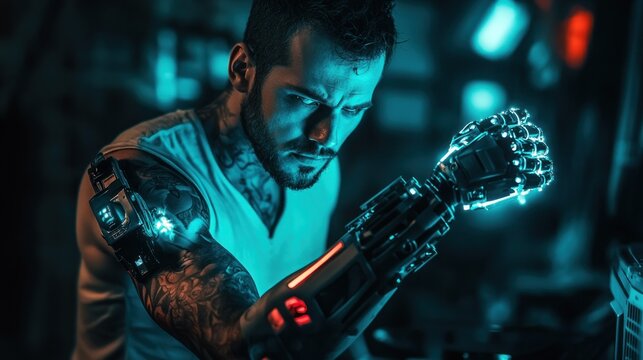 Man with cybernetic arm futuristic concept