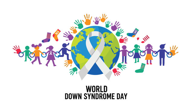 World Down Syndrome Day poster with diverse children holding hands around a globe with colorful socks and handprints.