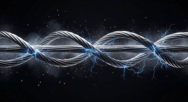 Twisting metal cable electrified with blue lightning sparks and smoke, symbolizing resilience, power, and strength under immense pressure.