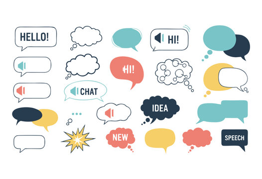Collection of speech bubbles with various text and icons, representing communication and conversation