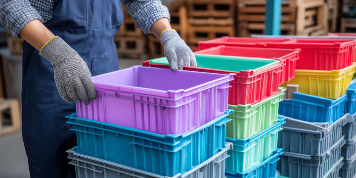 Worker in blue apron and gloves organizes colorful plastic storage bins in a warehouse setting with wooden pallets visible in the background