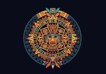 Obraz premium Colorful Aztec Sun Stone Calendar Illustration with Ancient Mayan Symbols and Tribal Patterns on Dark Background