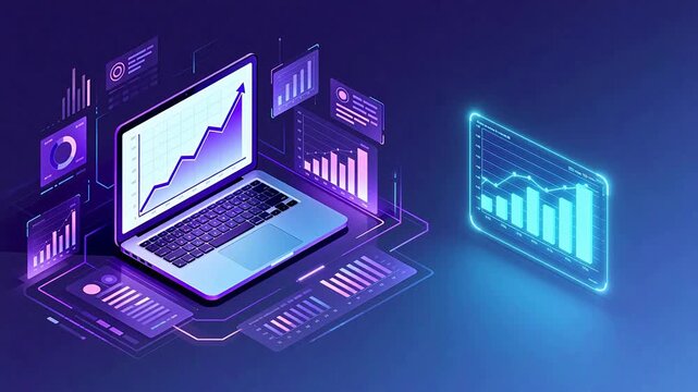 Laptop with data charts on purple background